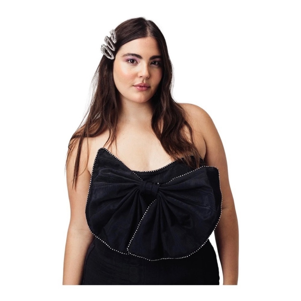For Love & Lemons Celeste Moire Rhinestone Mini Dress 1X 14 Black Removable Bow - Picture 6 of 11